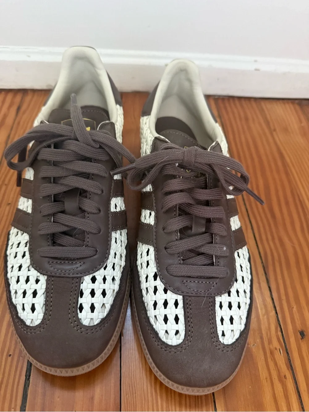adidas Woven Leather Sneakers in Brown and White